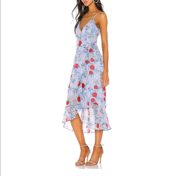 Revolve Bardot blue red midi wrap high low dress - Picture 2 of 3